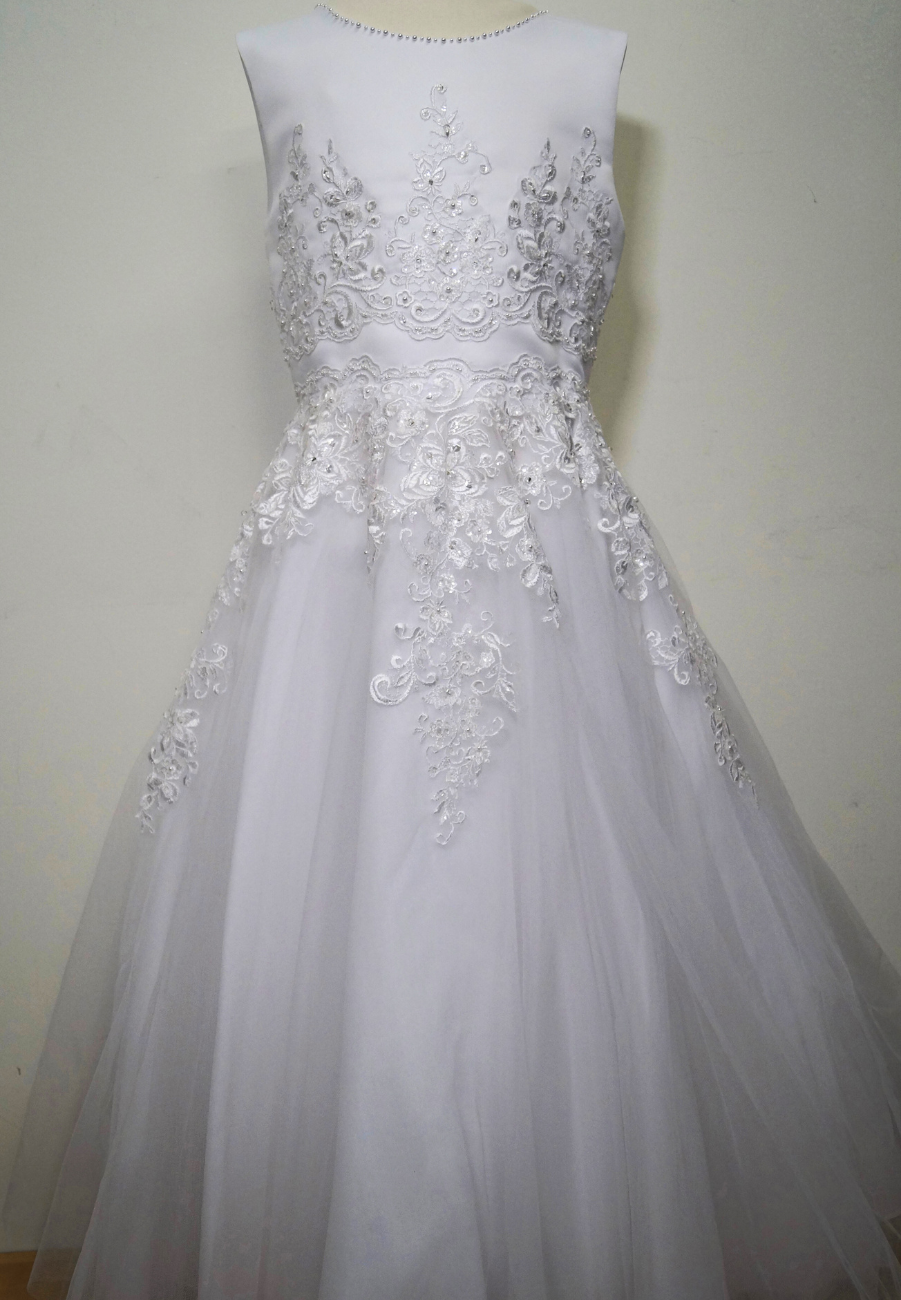 white beaded lace bodice communion dress Expressions Boutique NY, satin and tulle first communion gown, girls beaded white communion dress, elegant lace communion wear Long Island, boutique communion dresses Woodbury NY