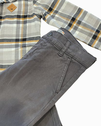 2pc Grey/Beige/Black Plaid w Dark Grey Pant