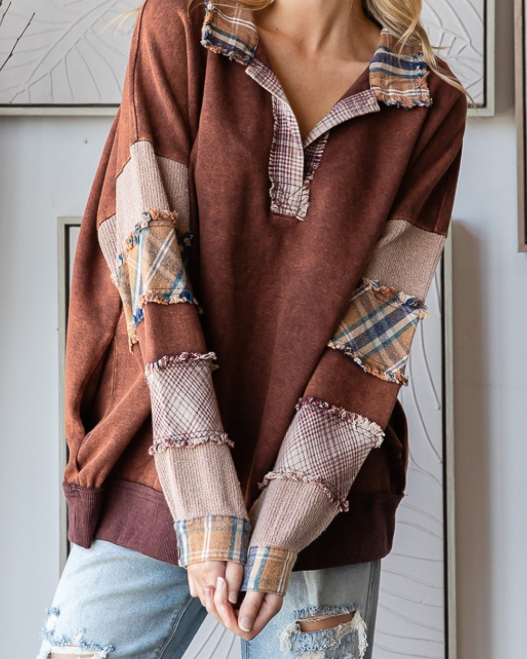 washed patchwork pullover, collared v neck top, oversized patchwork sweatshirt, women’s fall pullover, plaid sleeve sweatshirt, casual oversized top, boutique fall outfit, washed cotton pullover, relaxed fit patchwork top, vintage-inspired pullover, autumn oversized sweater