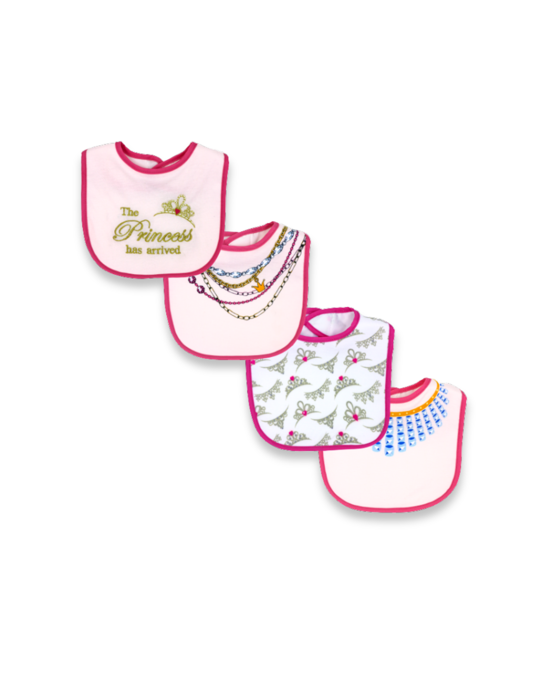 4pc Interlock Princess Bib, Expressions Boutique, Women and childrens boutique, Woodbury, baby girl bib set, princess bibs for girls, boutique baby accessories, baby shower gift girl, embroidered baby bibs, cotton interlock bib set, stylish baby bib pack, infant girl feeding bibs, novelty baby bib set