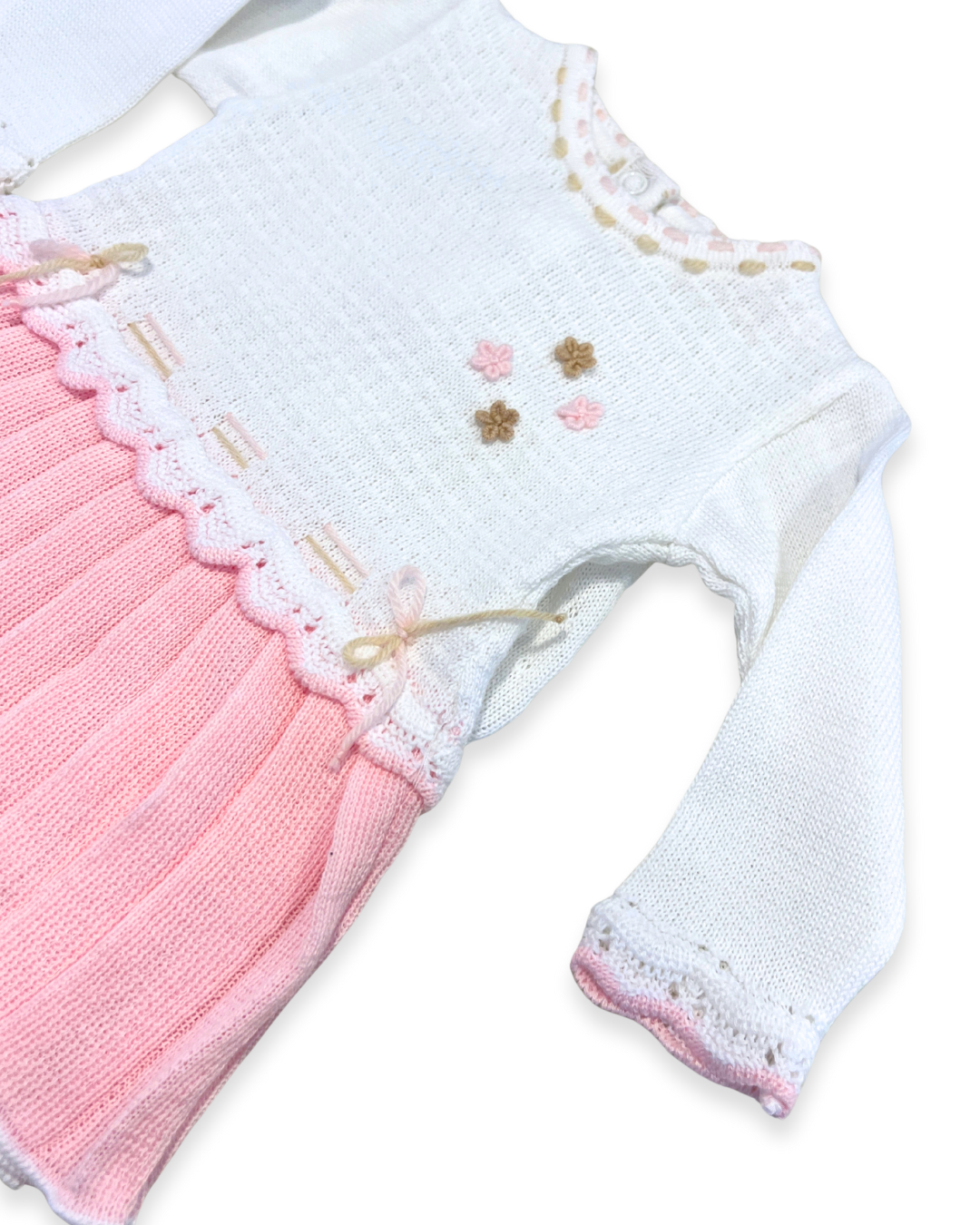 boutique baby knit dress set Expressions Boutique NY, white pink pleated baby dress with footy pants, embroidered cotton knit baby outfit, elegant infant girl outfit soft breathable cotton, heirloom baby gift set