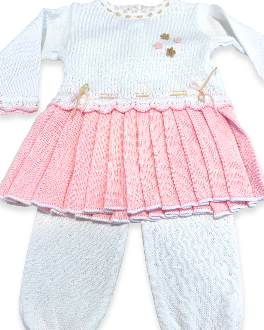 boutique baby knit dress set Expressions Boutique NY, white pink pleated baby dress with footy pants, embroidered cotton knit baby outfit, elegant infant girl outfit soft breathable cotton, heirloom baby gift set