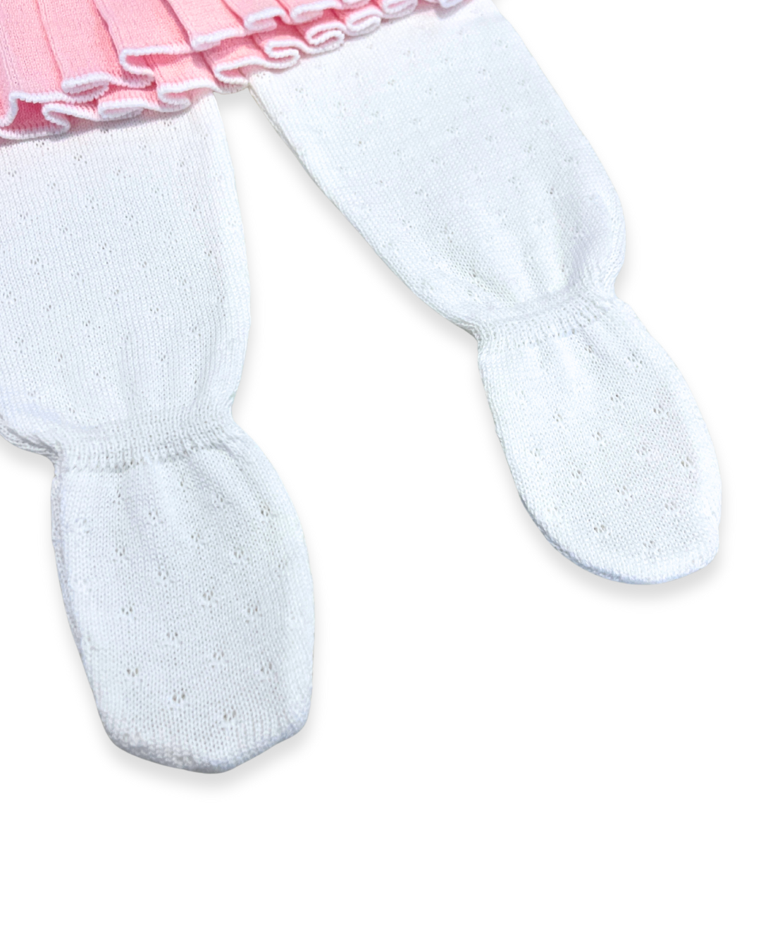 boutique baby knit dress set Expressions Boutique NY, white pink pleated baby dress with footy pants, embroidered cotton knit baby outfit, elegant infant girl outfit soft breathable cotton, heirloom baby gift set, woodbury, long island