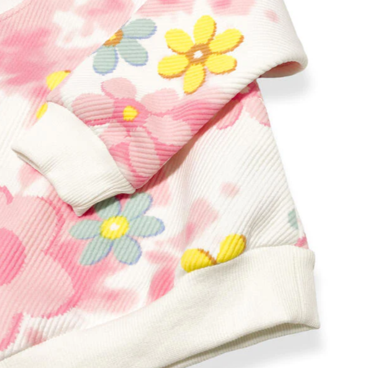 girls floral sweatshirt set, embellished flare jeans, 2pc kids denim outfit Expressions Boutique NY, girls boutique clothing Woodbury NY, retro flower cloud print outfit for kids