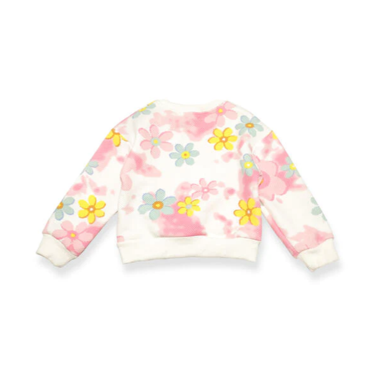 girls floral sweatshirt set, embellished flare jeans, 2pc kids denim outfit Expressions Boutique NY, girls boutique clothing Woodbury NY, retro flower cloud print outfit for kids