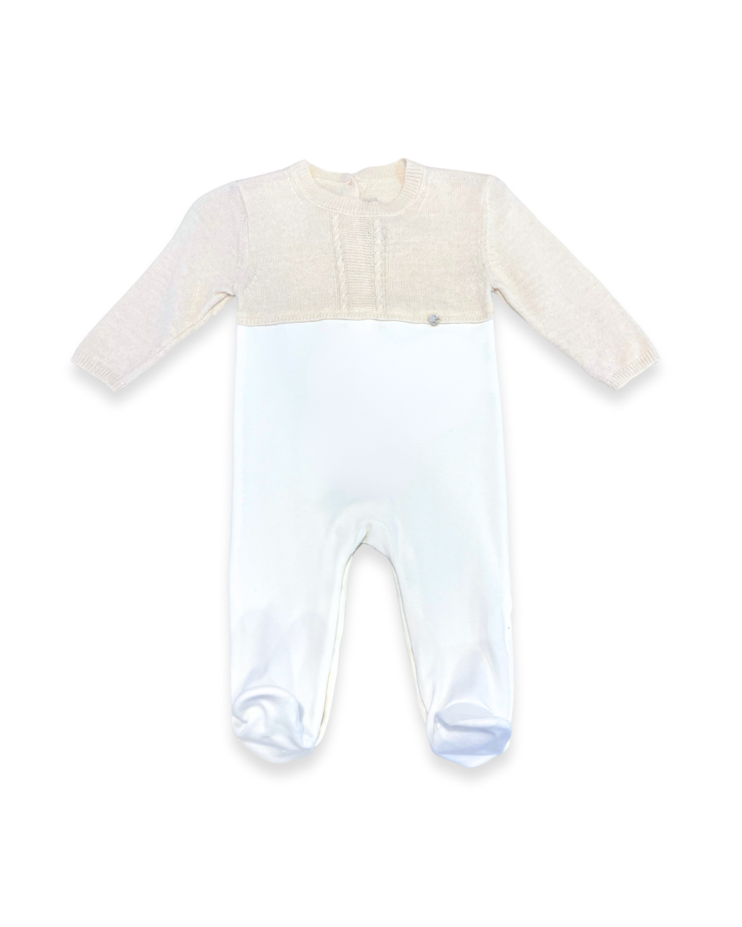boutique baby cashmere footie Expressions Boutique NY, beige ivory cashmere cotton baby outfit, luxury unisex newborn footed onesie, soft knit baby gift set breathable cotton blend, heirloom baby footie premium knit
