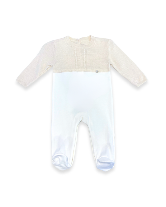 boutique baby cashmere footie Expressions Boutique NY, beige ivory cashmere cotton baby outfit, luxury unisex newborn footed onesie, soft knit baby gift set breathable cotton blend, heirloom baby footie premium knit
