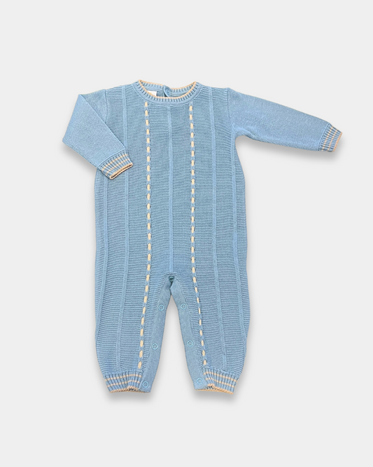 baby knit romper, toddler knit one-piece, denim blue baby romper, boutique knit baby clothes, ecru stitch baby outfit, knit romper boys, knit romper girls, cozy baby knitwear, unisex knit romper, boutique baby shower gift, Expressions Boutique NY, Woodbury kids boutique