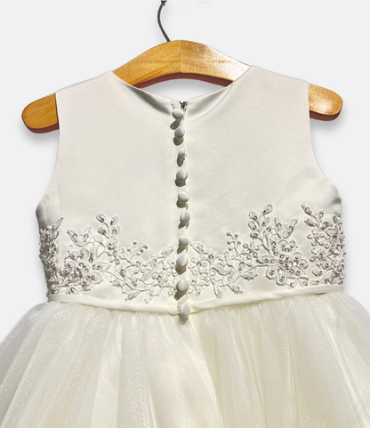 ivory lace flower girl dress, ivory tulle flower girl gown, boutique girls special occasion dress, ivory lace formal dress, couture girls dress, ivory embroidered lace gown, boutique flower girl outfit, ivory communion dress, Expressions Boutique NY, special occasion kids fashion
