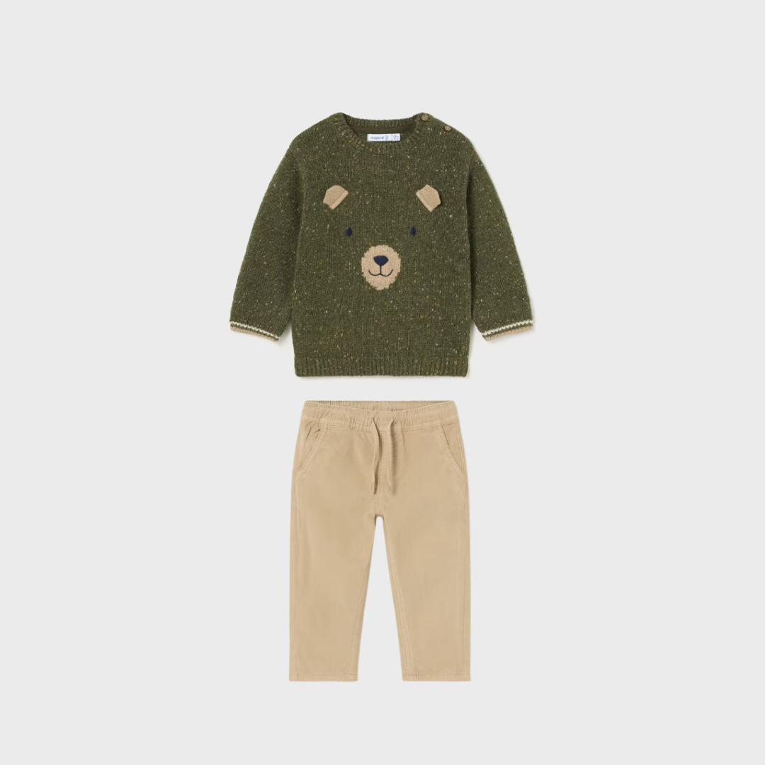 2pc Green Bear Sweater w Khaki Corduroy Pant