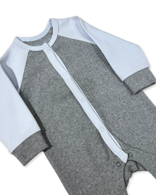 Grey/Blue Snap Footie, Expressions Boutique, Women and childrens boutique, Woodbury, grey baby footie, blue contrast baby romper, baby boy snap sleeper, boutique baby romper, infant footed one piece, soft cotton baby pajamas, newborn boy sleepsuit, snap closure baby outfit, modern baby boy footie, eco friendly baby clothing, baby shower boy gift