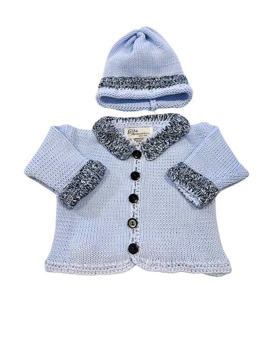 baby boy sweater set, light blue cotton baby sweater, baby knitwear boutique, newborn gift set, infant sweater with hat, navy trim baby cardigan, luxury baby shower gift, cotton knit baby outfit, boutique baby clothes boy, soft cotton baby sweater set, heirloom baby knit, Expressions Boutique NY baby