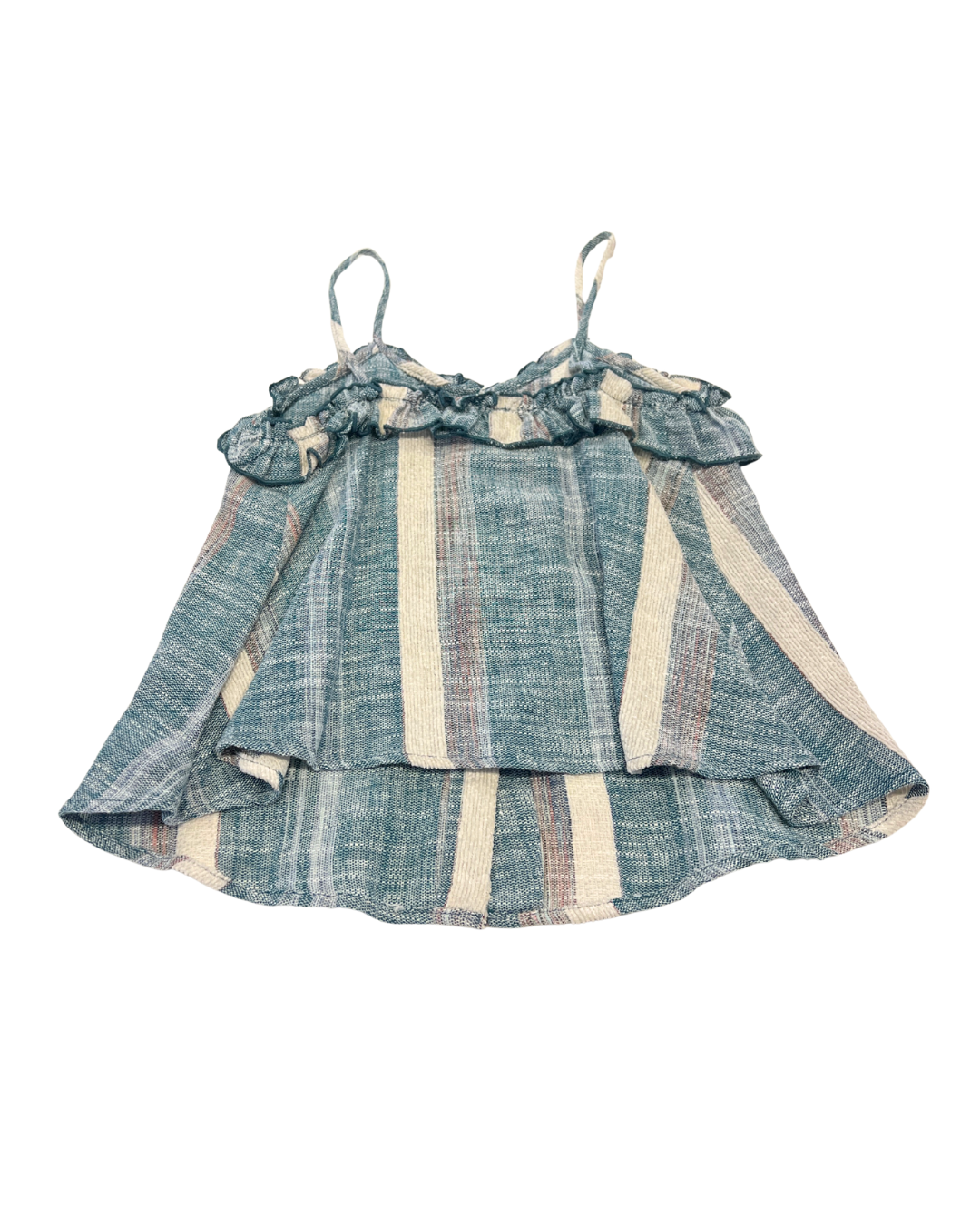 teal stripe top, ruffle spaghetti strap blouse, button front summer cami, Expressions Boutique NY women’s fashion, lightweight woven top