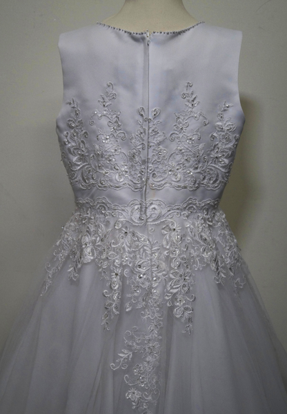 white beaded lace bodice communion dress Expressions Boutique NY, satin and tulle first communion gown, girls beaded white communion dress, elegant lace communion wear Long Island, boutique communion dresses Woodbury NY