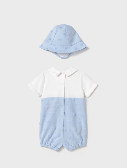 2pc Light Blue Romper w Puffed Lg Dot w Hat