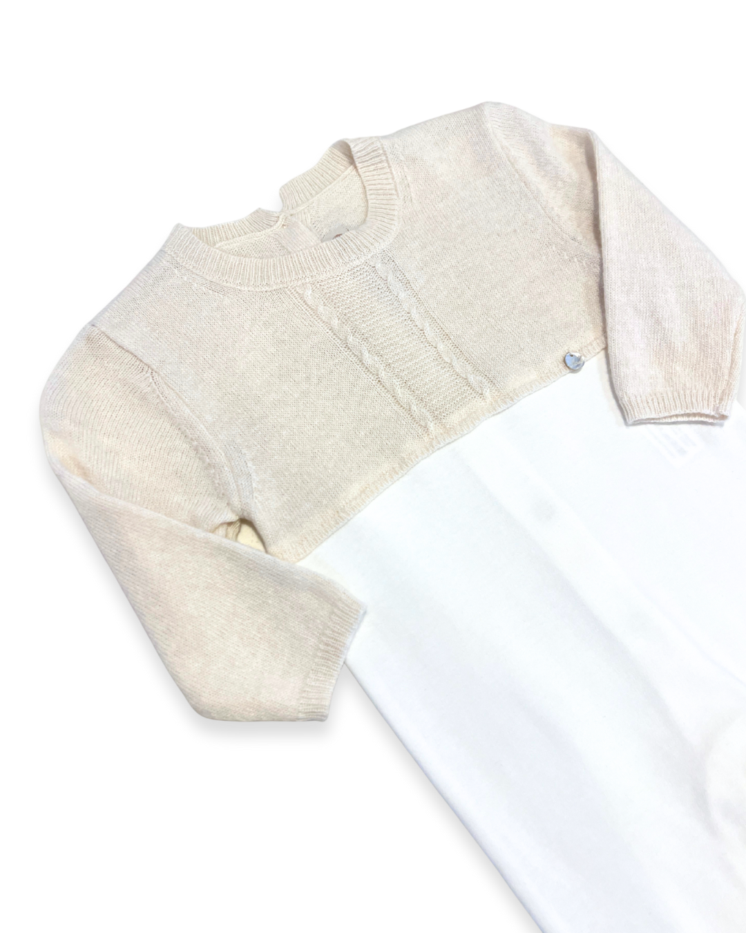 boutique baby cashmere footie Expressions Boutique NY, beige ivory cashmere cotton baby outfit, luxury unisex newborn footed onesie, soft knit baby gift set breathable cotton blend, heirloom baby footie premium knit