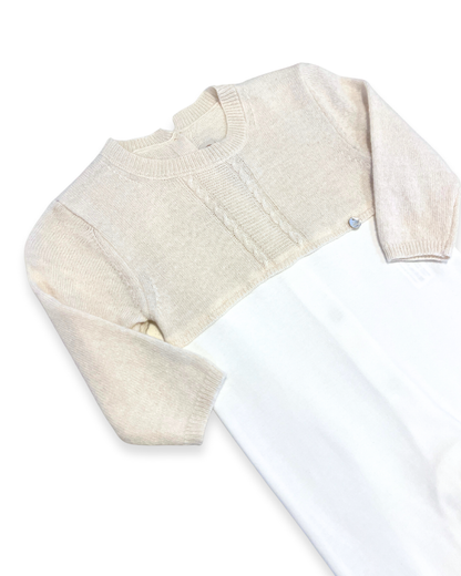 boutique baby cashmere footie Expressions Boutique NY, beige ivory cashmere cotton baby outfit, luxury unisex newborn footed onesie, soft knit baby gift set breathable cotton blend, heirloom baby footie premium knit