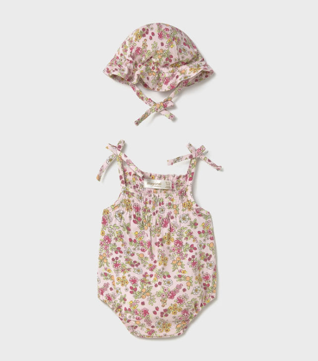 2pc Pink Floral Sun Romper w Hat