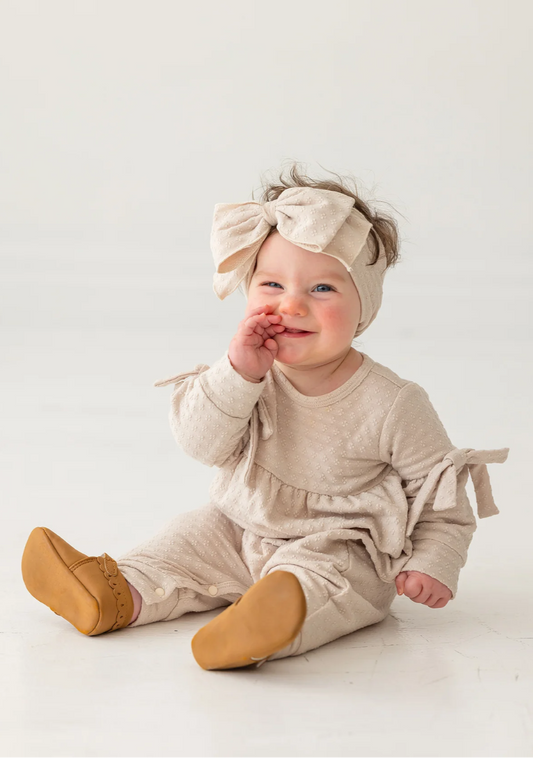 cinnamon sugar baby romper, neutral baby girl outfit, boutique infant romper, textured knit romper, long sleeve baby romper, baby fall outfit, cozy infant romper, newborn baby girl clothing, boutique romper with ties, soft neutral baby clothes, back to school, school outfits, pre-k clothing