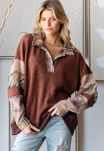 washed patchwork pullover, collared v neck top, oversized patchwork sweatshirt, women’s fall pullover, plaid sleeve sweatshirt, casual oversized top, boutique fall outfit, washed cotton pullover, relaxed fit patchwork top, vintage-inspired pullover, autumn oversized sweater