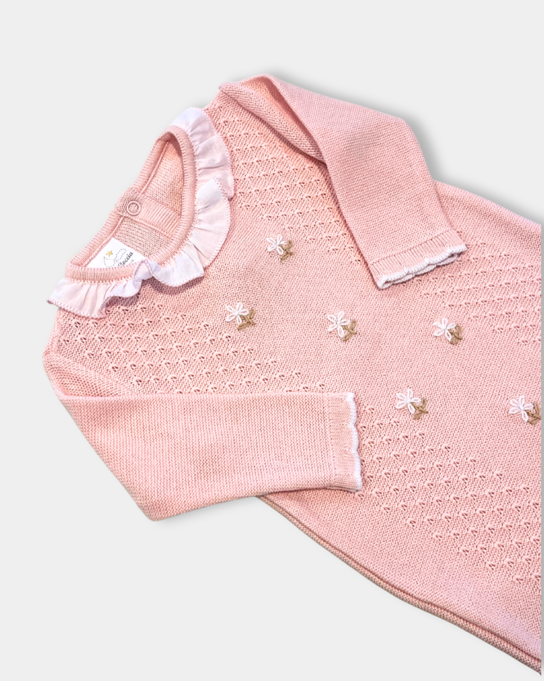 baby girl pink knit romper, pink romper with ruffle collar, baby girl knitwear boutique, embroidered floral baby romper, baby girl special occasion romper, knit romper with flowers, boutique baby outfit pink, newborn girl knit romper, heirloom baby romper girl, Expressions Boutique NY, Woodbury baby boutique, classic knit baby girl clothing