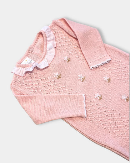 baby girl pink knit romper, pink romper with ruffle collar, baby girl knitwear boutique, embroidered floral baby romper, baby girl special occasion romper, knit romper with flowers, boutique baby outfit pink, newborn girl knit romper, heirloom baby romper girl, Expressions Boutique NY, Woodbury baby boutique, classic knit baby girl clothing