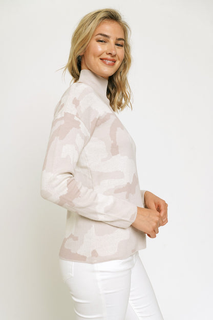 mystree rose camo cut out sweater, women’s camo sweater, boutique sweaters for women, mock neck pullover, trendy fall sweaters, blush camo knitwear, casual chic sweater top, boutique long sleeve sweater, women’s camo knit pullover, fashionable cut out sweater