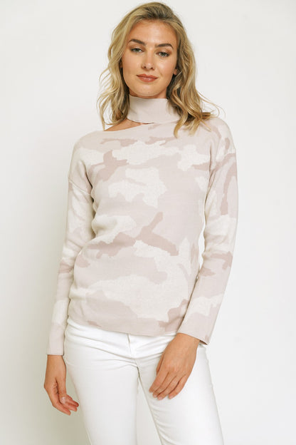 mystree rose camo cut out sweater, women’s camo sweater, boutique sweaters for women, mock neck pullover, trendy fall sweaters, blush camo knitwear, casual chic sweater top, boutique long sleeve sweater, women’s camo knit pullover, fashionable cut out sweater