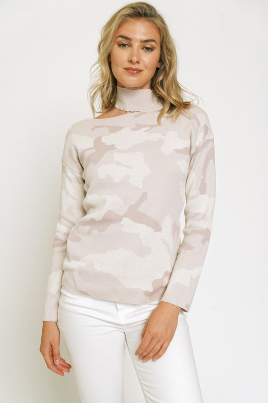 mystree rose camo cut out sweater, women’s camo sweater, boutique sweaters for women, mock neck pullover, trendy fall sweaters, blush camo knitwear, casual chic sweater top, boutique long sleeve sweater, women’s camo knit pullover, fashionable cut out sweater