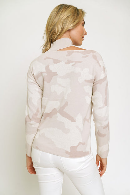 mystree rose camo cut out sweater, women’s camo sweater, boutique sweaters for women, mock neck pullover, trendy fall sweaters, blush camo knitwear, casual chic sweater top, boutique long sleeve sweater, women’s camo knit pullover, fashionable cut out sweater