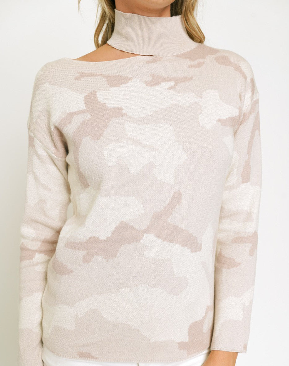 mystree rose camo cut out sweater, women’s camo sweater, boutique sweaters for women, mock neck pullover, trendy fall sweaters, blush camo knitwear, casual chic sweater top, boutique long sleeve sweater, women’s camo knit pullover, fashionable cut out sweater
