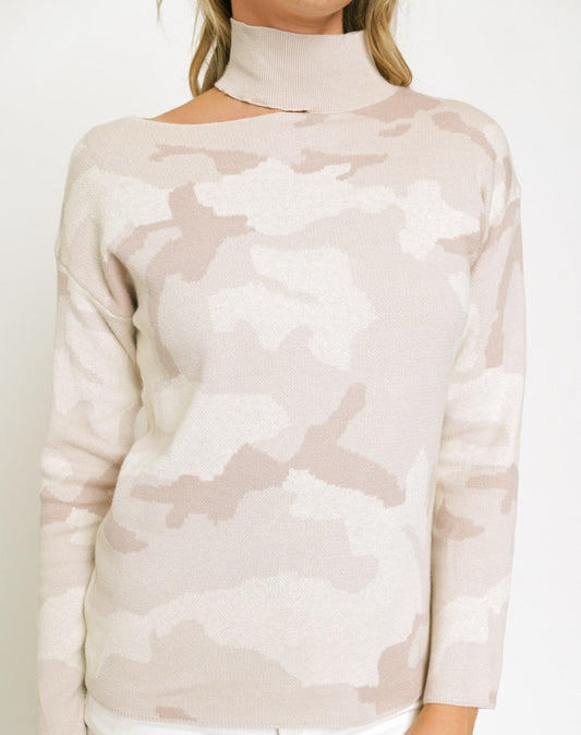 mystree rose camo cut out sweater, women’s camo sweater, boutique sweaters for women, mock neck pullover, trendy fall sweaters, blush camo knitwear, casual chic sweater top, boutique long sleeve sweater, women’s camo knit pullover, fashionable cut out sweater