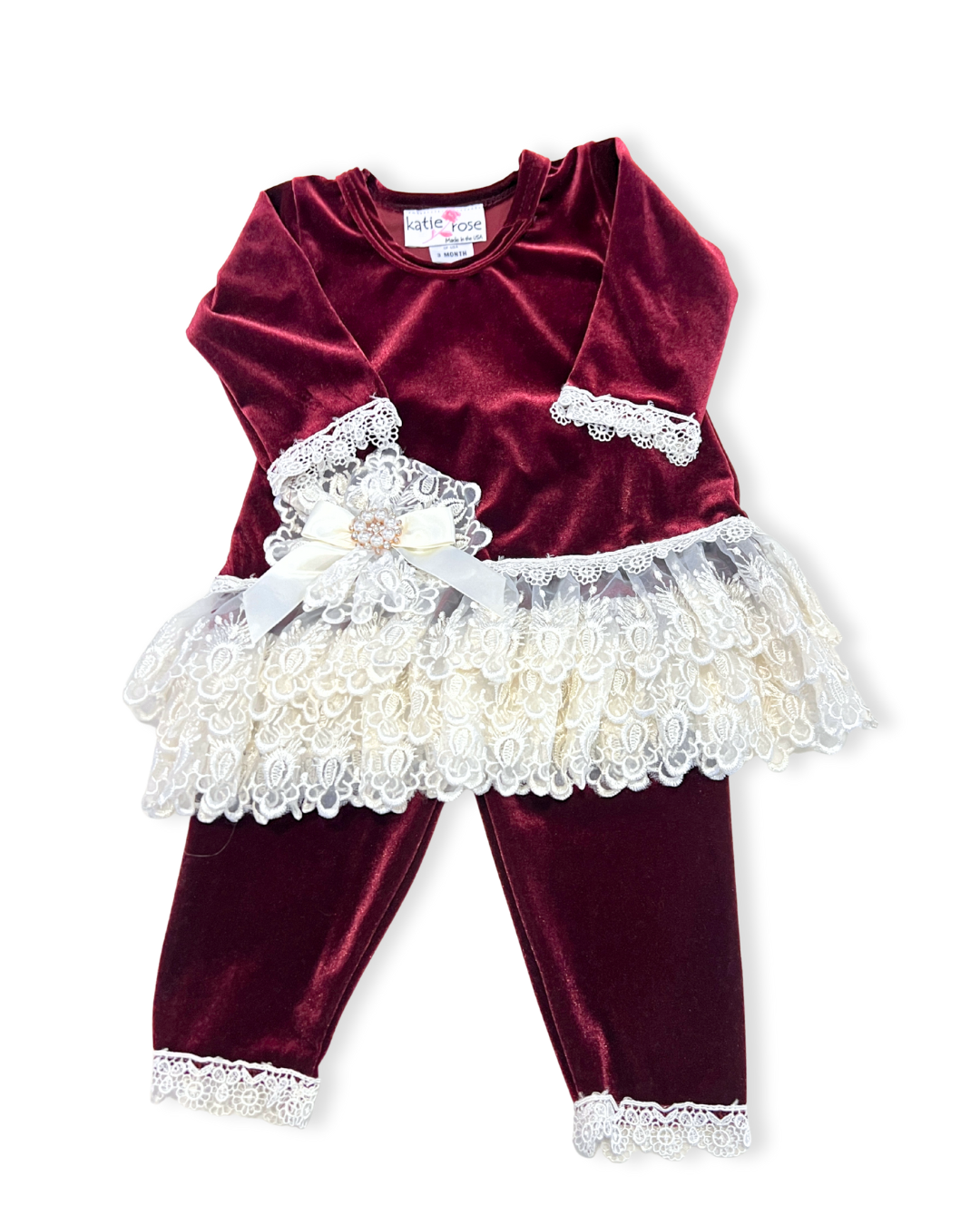 2pc Velvet Tunic Top w Ivory Lace