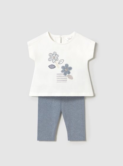 2pc Flower Appliques w Denim Blue Legging