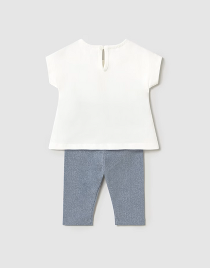 2pc Flower Appliques w Denim Blue Legging