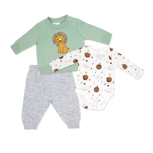 baby boy 3 piece outfit set, toddler lion sweatshirt and onesie set, baby jogger pants set, boutique baby clothing set, infant 3pc sweatshirt onesie pants, baby shower gift set boys, newborn outfit with lion print, toddler everyday play outfit, boutique baby boy clothes, cozy infant clothing set
