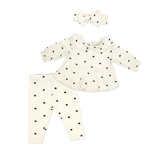 baby girl 3 piece outfit set, toddler heart print clothing set, boutique baby girl clothes, baby girl cream peplum top set, newborn bow headband outfit, infant girl leggings set, baby girl special occasion outfit, toddler scattered hearts set, boutique baby shower gift girl, baby girl photo-ready outfit