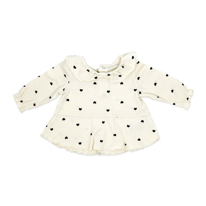 baby girl 3 piece outfit set, toddler heart print clothing set, boutique baby girl clothes, baby girl cream peplum top set, newborn bow headband outfit, infant girl leggings set, baby girl special occasion outfit, toddler scattered hearts set, boutique baby shower gift girl, baby girl photo-ready outfit