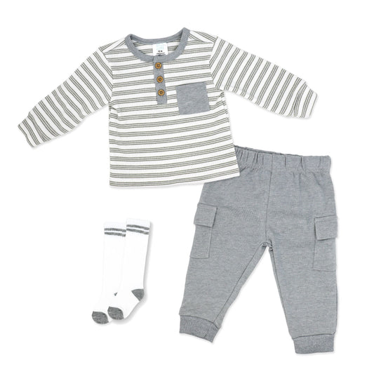 baby boy 3 piece outfit set, toddler striped henley top set, baby jogger pants and socks set, boutique baby boy clothes, infant cargo pants outfit, boys fall outfit set, baby boy casual everyday wear, toddler long sleeve stripe outfit, baby shower gift boy clothing, boutique 3pc baby boy set
