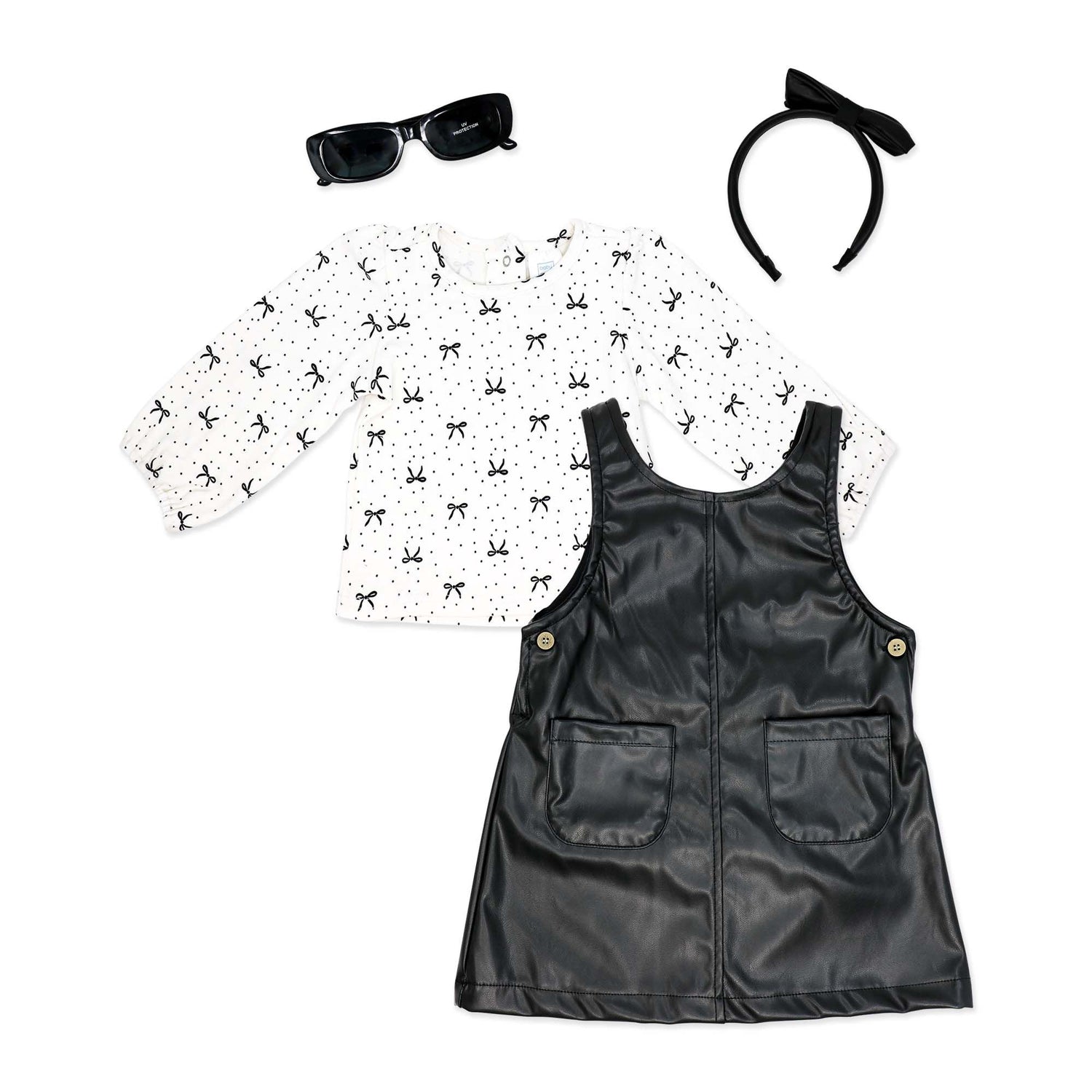 baby girl 4 piece outfit set, toddler faux leather jumper dress, boutique baby girl clothes with headband, baby girl outfit with sunglasses, toddler girl chic city outfit, infant fashion forward clothing set, boutique toddler girl party outfit, baby girl faux leather dress set, baby girl photo-ready outfit, toddler trendy baby girl clothes