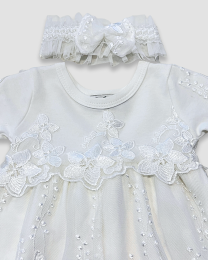 boutique baby lace romper Expressions Boutique NY, white lace christening outfit, infant baptism romper with headband, floral embroidered baby outfit, heirloom cotton lace baby girl romper