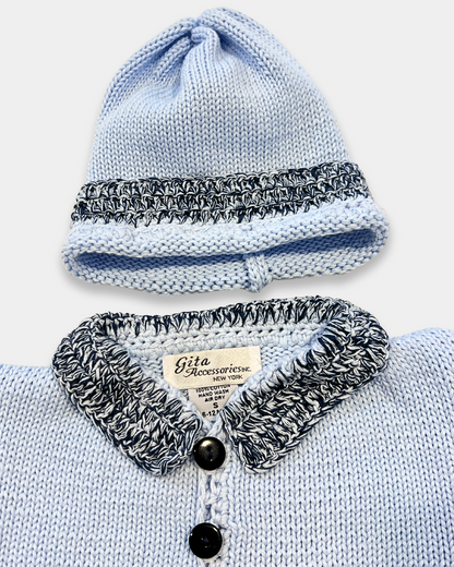 baby boy sweater set, light blue cotton baby sweater, baby knitwear boutique, newborn gift set, infant sweater with hat, navy trim baby cardigan, luxury baby shower gift, cotton knit baby outfit, boutique baby clothes boy, soft cotton baby sweater set, heirloom baby knit, Expressions Boutique NY baby