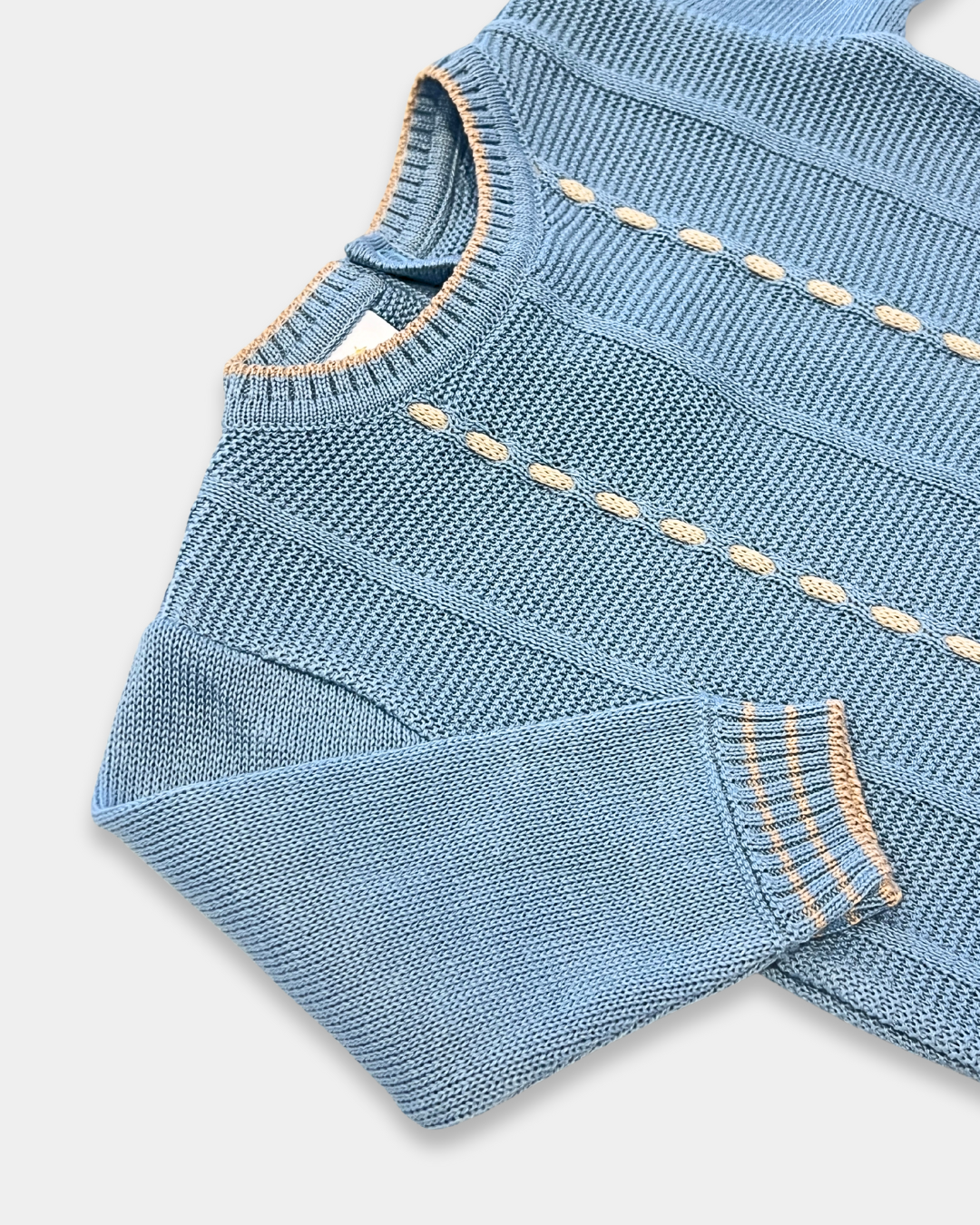 baby knit romper, toddler knit one-piece, denim blue baby romper, boutique knit baby clothes, ecru stitch baby outfit, knit romper boys, knit romper girls, cozy baby knitwear, unisex knit romper, boutique baby shower gift, Expressions Boutique NY, Woodbury kids boutique