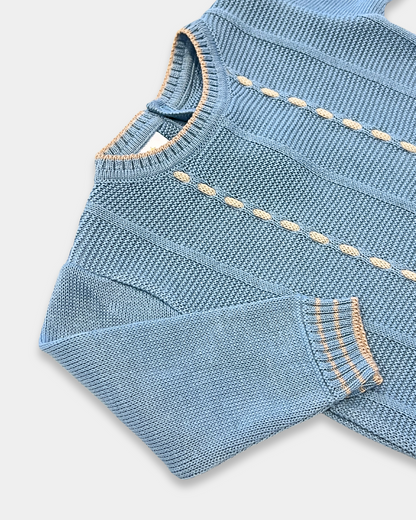 baby knit romper, toddler knit one-piece, denim blue baby romper, boutique knit baby clothes, ecru stitch baby outfit, knit romper boys, knit romper girls, cozy baby knitwear, unisex knit romper, boutique baby shower gift, Expressions Boutique NY, Woodbury kids boutique
