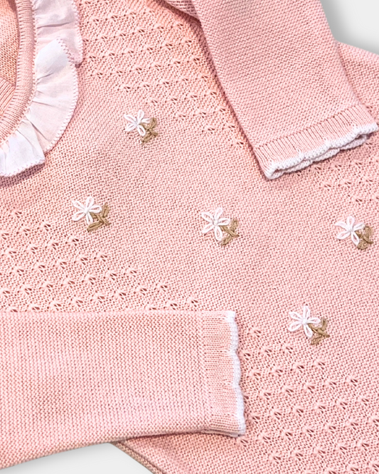 baby girl pink knit romper, pink romper with ruffle collar, baby girl knitwear boutique, embroidered floral baby romper, baby girl special occasion romper, knit romper with flowers, boutique baby outfit pink, newborn girl knit romper, heirloom baby romper girl, Expressions Boutique NY, Woodbury baby boutique, classic knit baby girl clothing