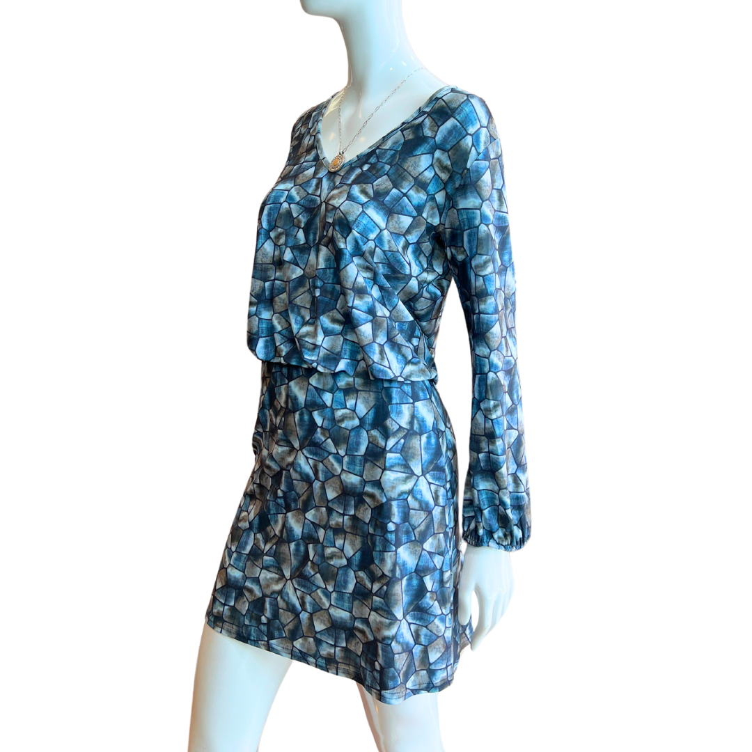 Blue Mosaic V-Neck Dress