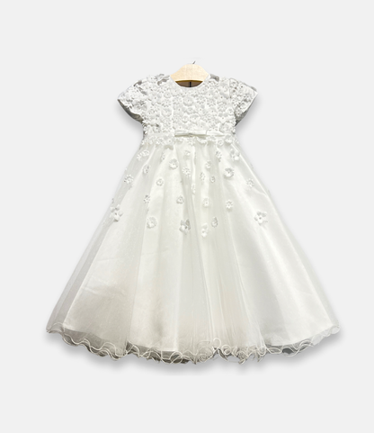 white 3D flower dress, white floral appliqué dress, boutique girls special occasion dress, 3D flower girl dress, white communion dress, couture kids fashion, tulle flower girl gown, white lace flower dress, Expressions Boutique NY, elegant girls event dress