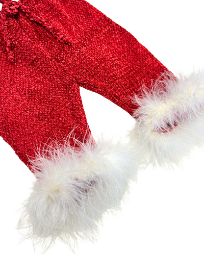 boutique baby holiday outfit Expressions Boutique NY, red chenille Christmas baby set, Santa baby outfit with hat, soft fuzzy infant holiday clothing, festive baby winter outfit warm cozy