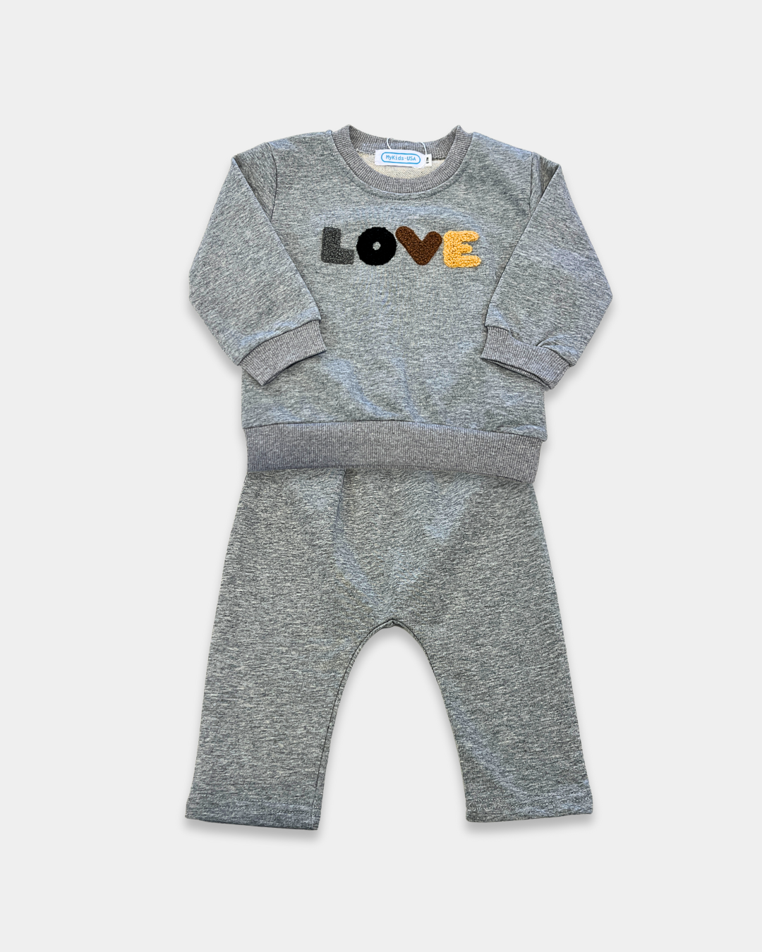 LOVE toddler outfit set, grey baby jogger set, cozy kids pullover and pants, boutique toddler loungewear, unisex baby pant set, toddler fall outfit set, casual baby clothing set, embroidered toddler top and pants, soft cotton blend baby set, everyday toddler wear