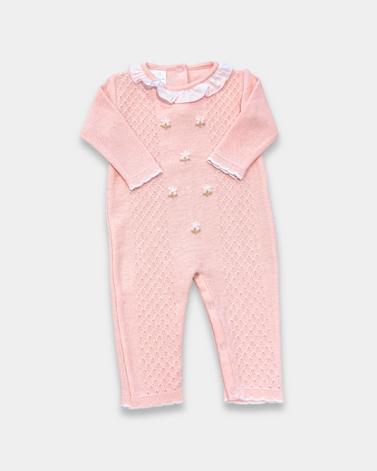 baby girl pink knit romper, pink romper with ruffle collar, baby girl knitwear boutique, embroidered floral baby romper, baby girl special occasion romper, knit romper with flowers, boutique baby outfit pink, newborn girl knit romper, heirloom baby romper girl, Expressions Boutique NY, Woodbury baby boutique, classic knit baby girl clothing
